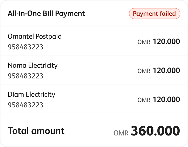 A failed payment summarised per bill: Omantel Postpaid, Nama Electricity and Diam Electricity each listed with their own amount.